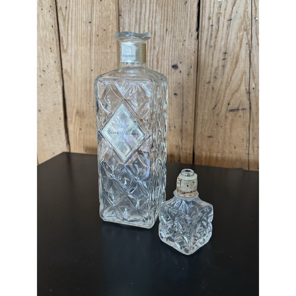 1960s MCM Seagram’s 7 Crown Whiskey Decanter Diamond Pattern Glass w/ Stopper